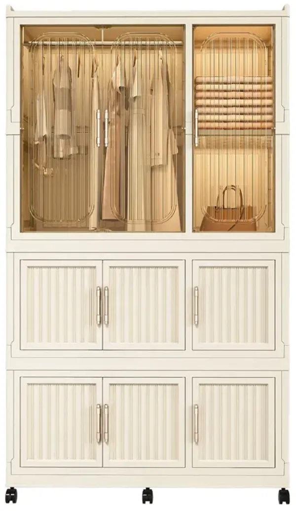 Portable Wardrobe Closet Storage Organizer With 9 Magnetic Doors - Cream White