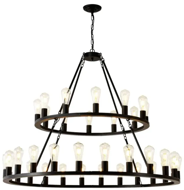 Extra Large Wagon Wheel Chandelier, 2 Tier 36 Lights (No Include) Farmhouse Industrial Round High Ceiling Pendant Light Adjustable Chain, For Dining Room, Living Room, Kitchen - Black