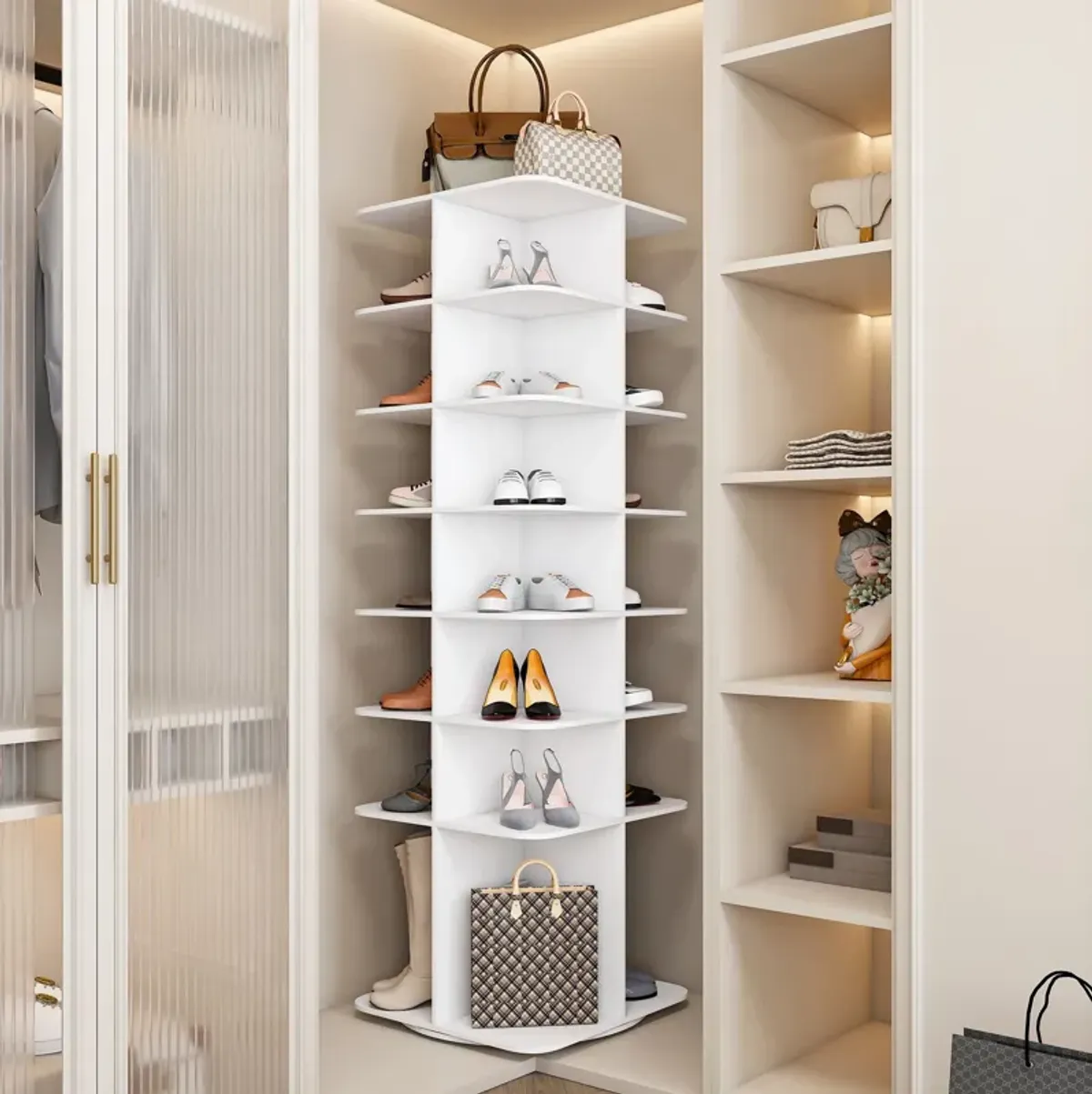 7 Tier Square Rotating Shoe Rack Tower With 360° Spinning Organizer - White