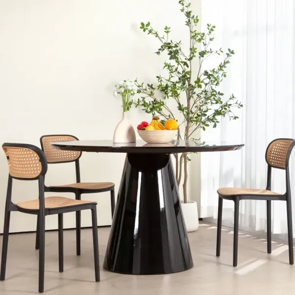 Modern High Gloss Minimalist Round Dining Table - Black