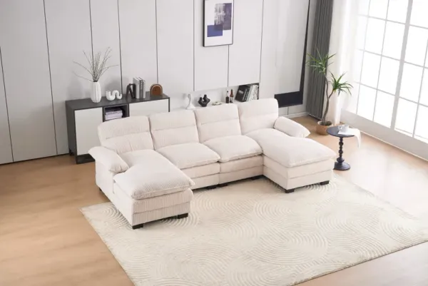 U - Shaped Profile Modular Corduroy Sofa, Including 2 Single Seats And 2 Chaise