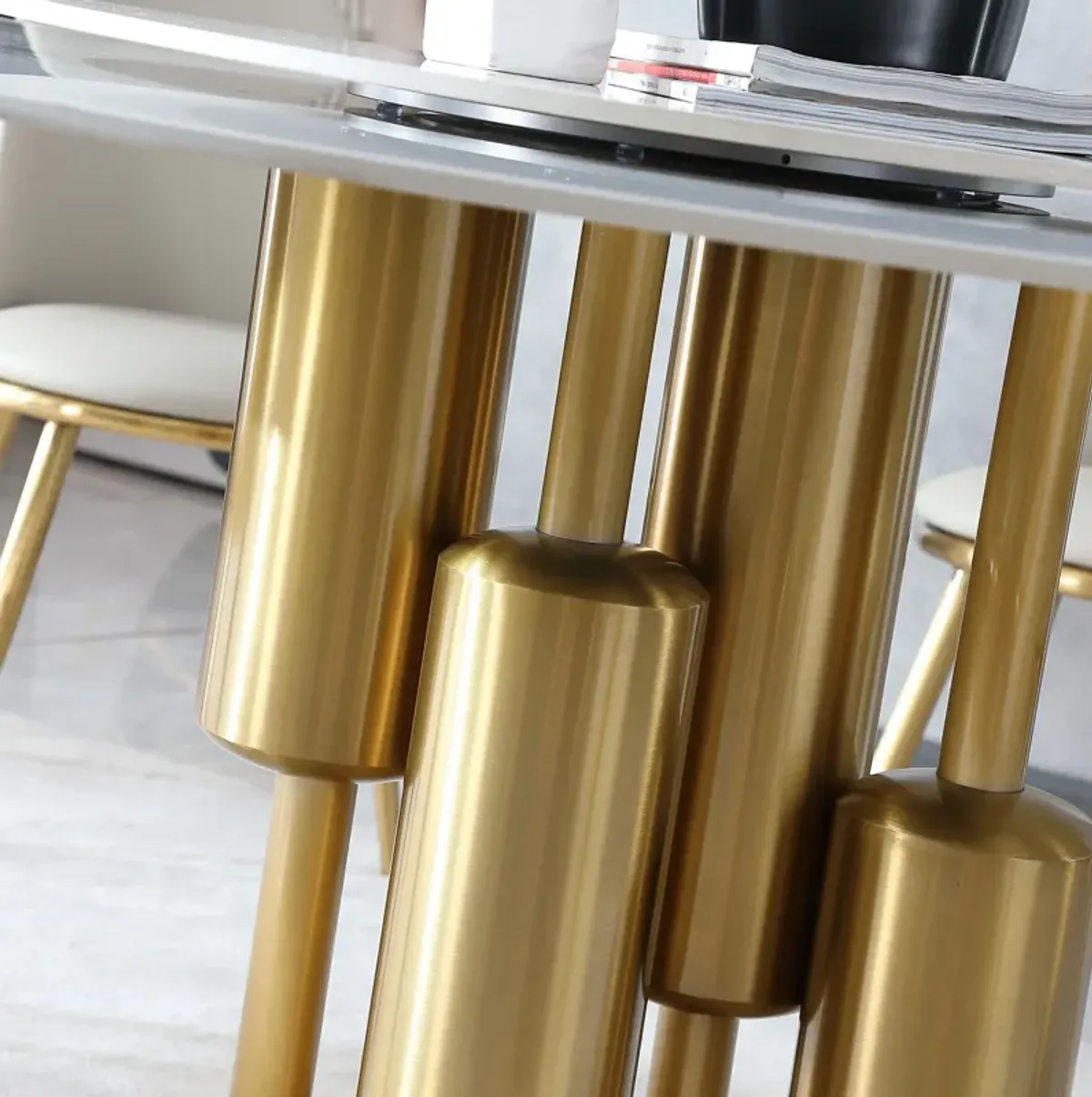 Round Stone Burning Table, Modern Marble Dining Table With Chairs