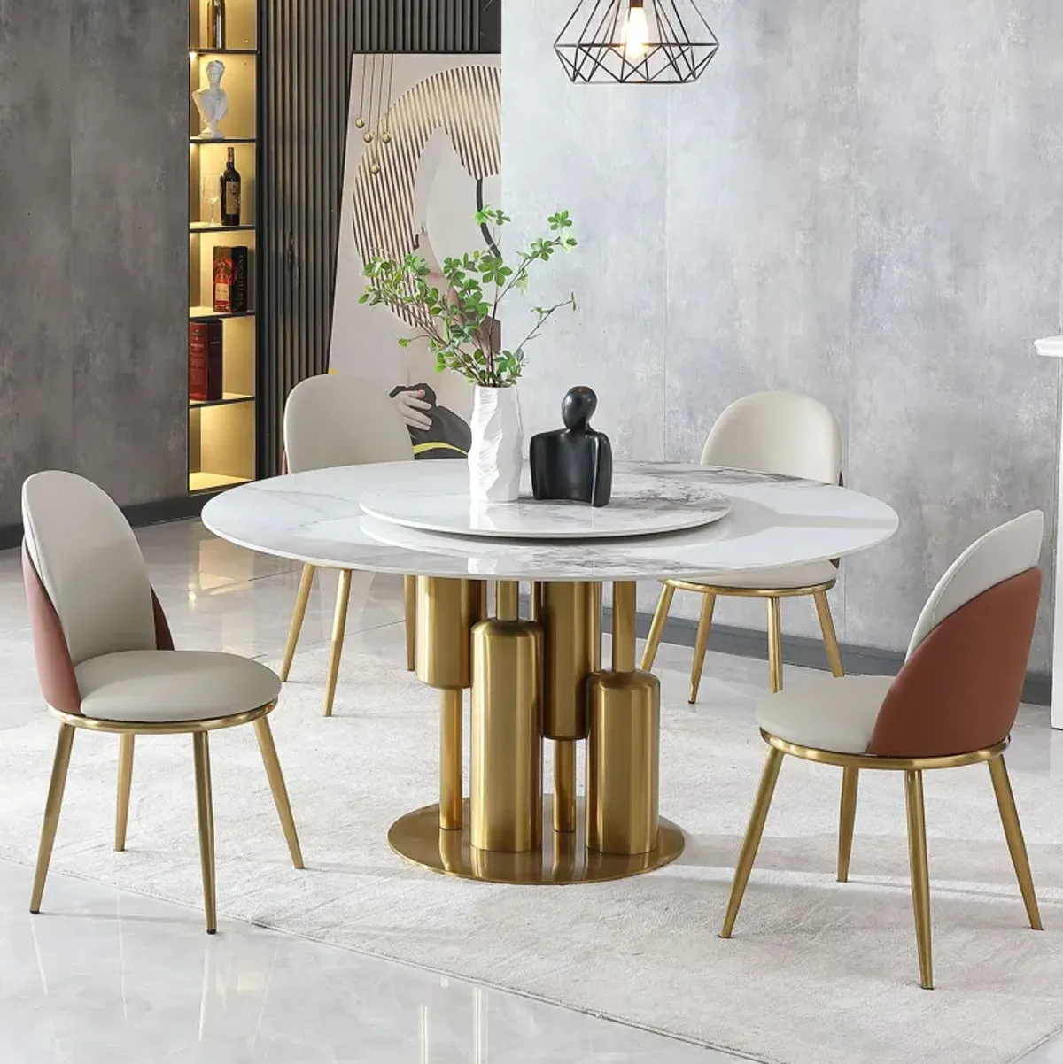 Round Stone Burning Table, Modern Marble Dining Table With Chairs