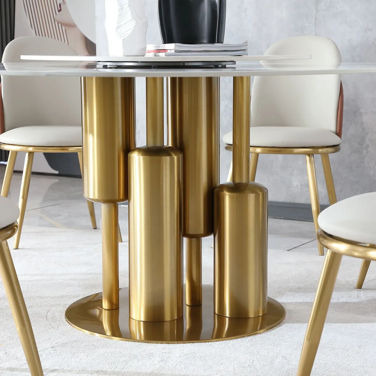 Round Stone Burning Table, Modern Marble Dining Table With Chairs