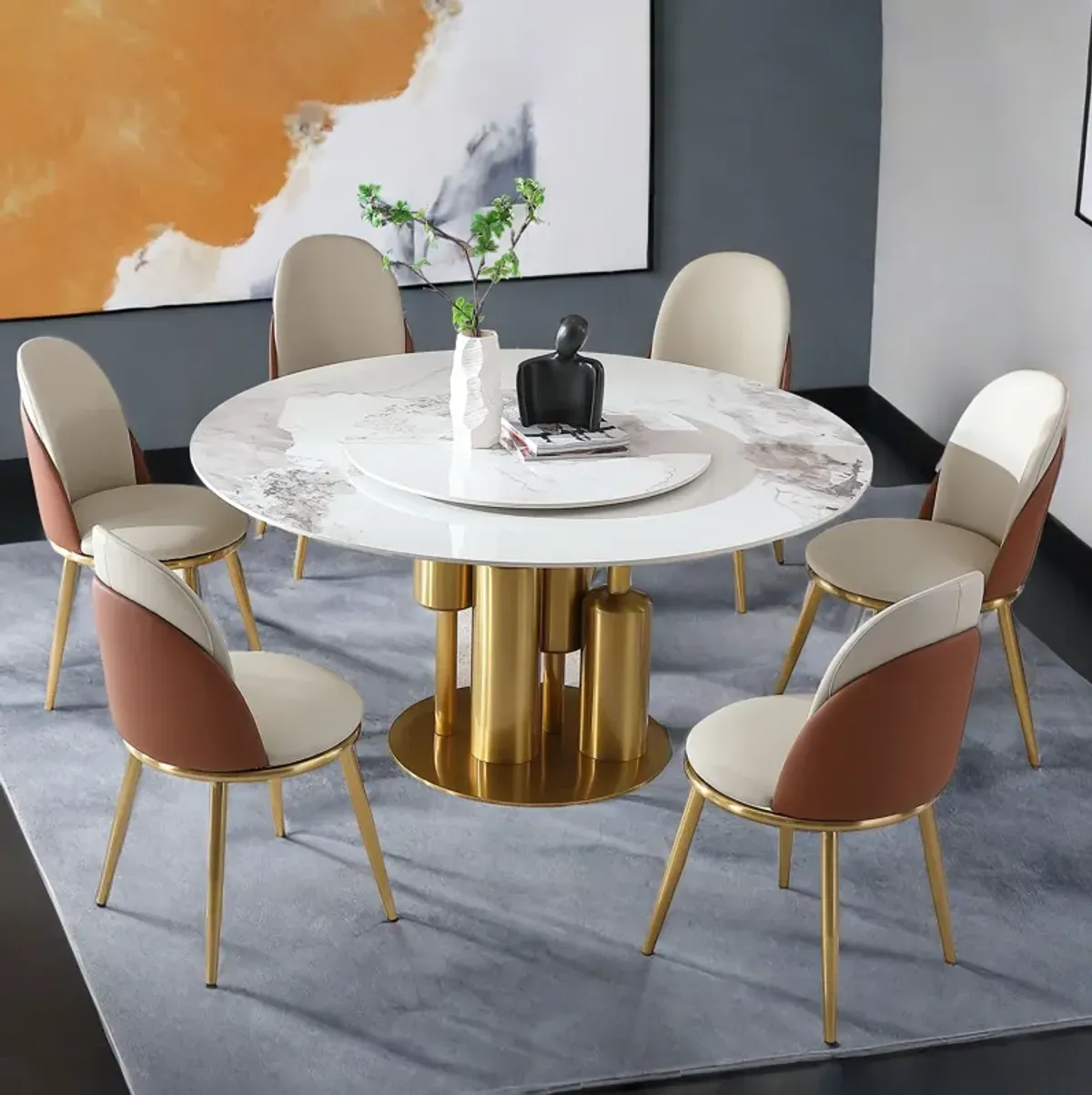 Round Stone Burning Table, Modern Marble Dining Table With Chairs