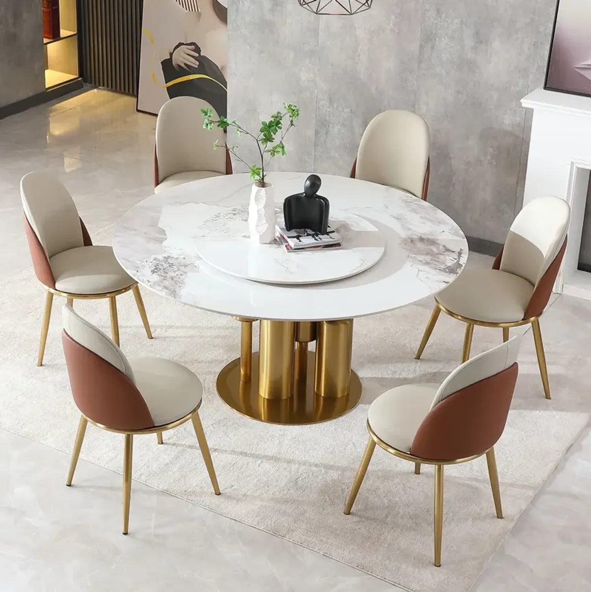 Round Stone Burning Table, Modern Marble Dining Table With Chairs