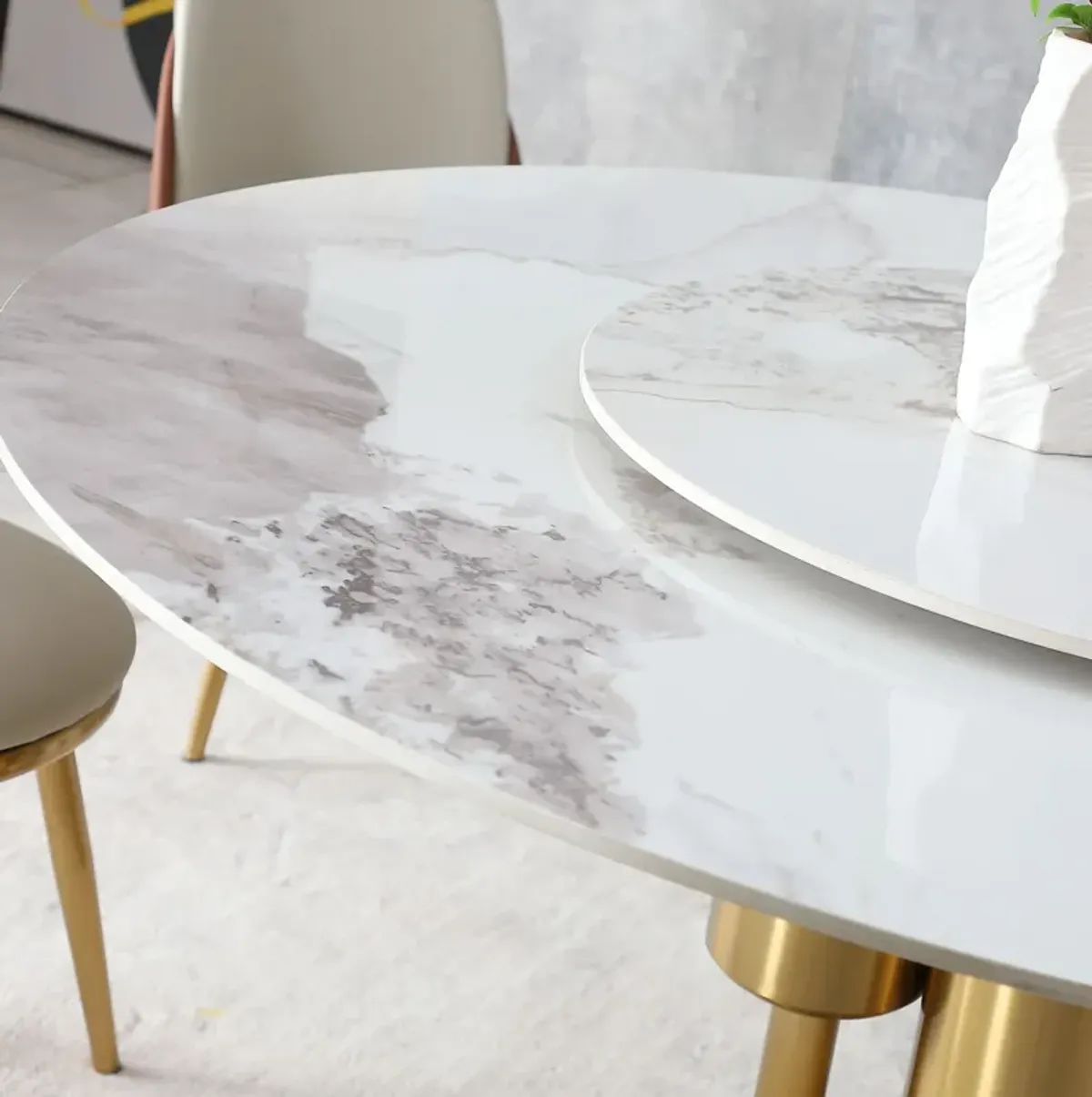 Round Stone Burning Table, Modern Marble Dining Table With Chairs