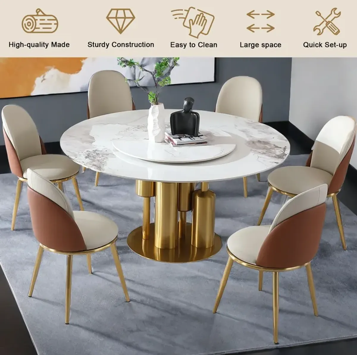 Round Stone Burning Table, Modern Marble Dining Table With Chairs