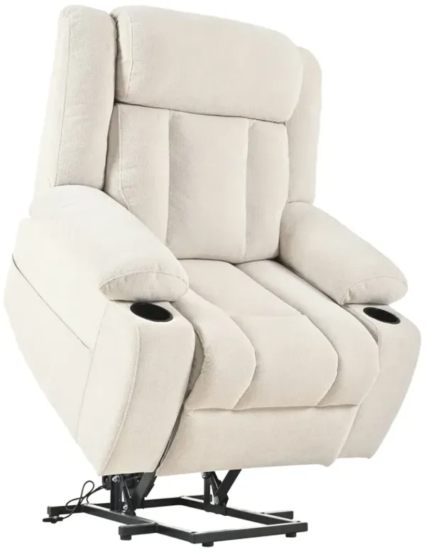Power Lift Recliner Chair With Extended Footrest, Remote Control, Cup Holders, And Side Pockets