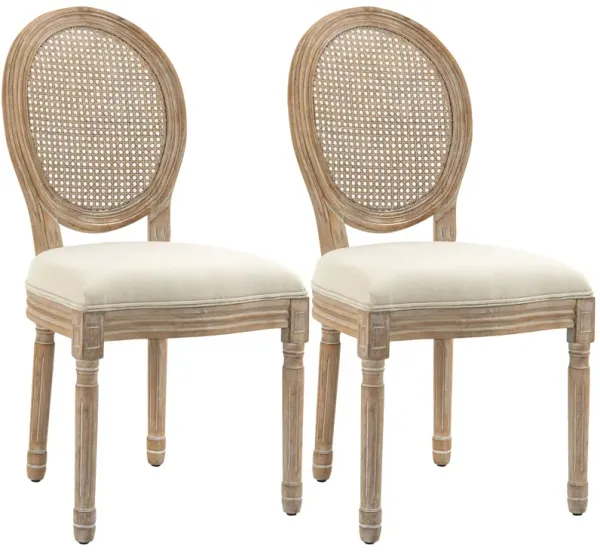 Homcom - French Style Upholstered Dining Chair Set, Armless Accent Side Chairs With Rattan Backrest And Linen-Touch Upholstery (Set of 2) - Cream White