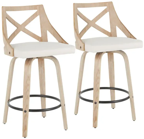 Charlotte - Farmhouse Fixed Height Counter Stool With Swivel (Set of 2) - White Washed / Cream