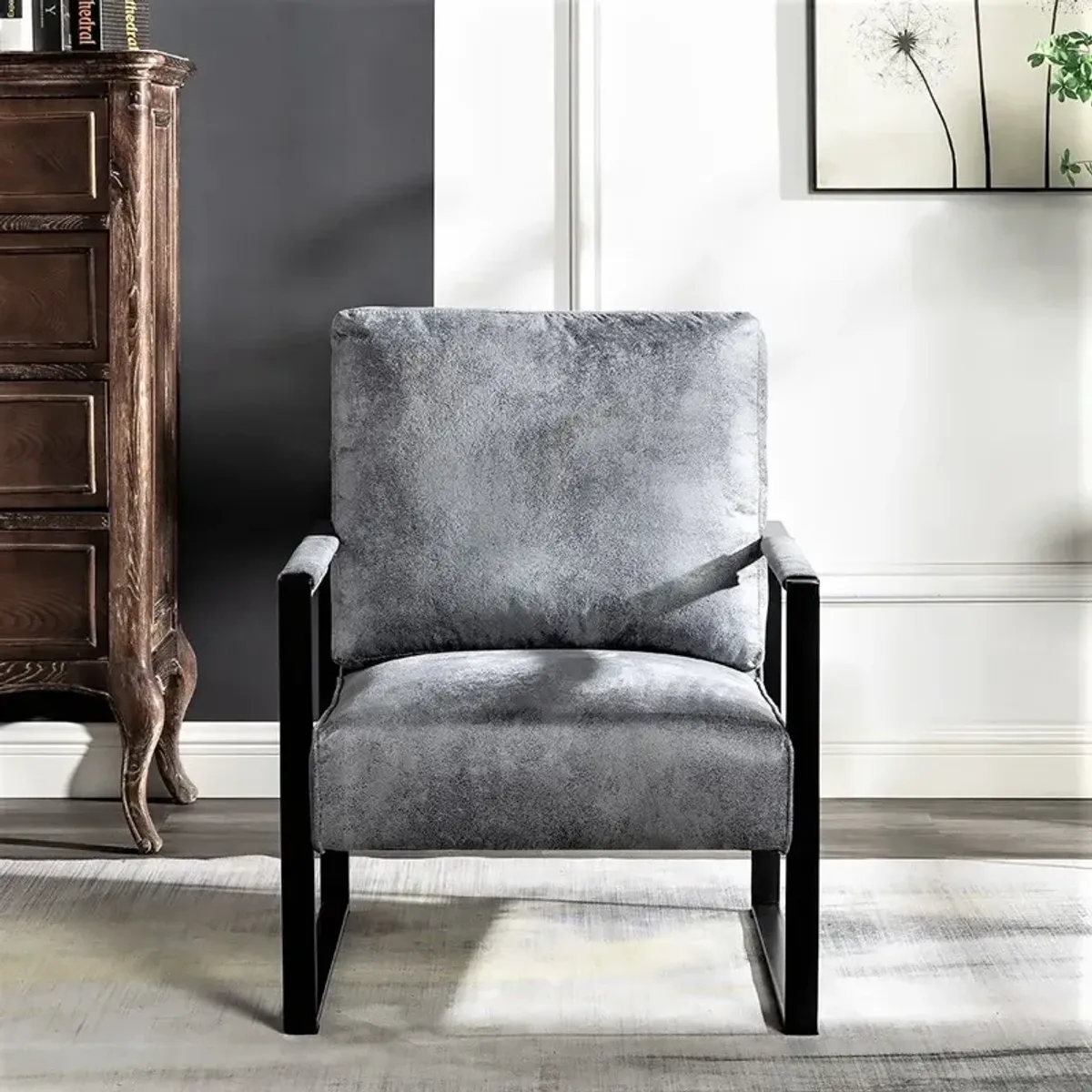 Classic Mid Century Modern Accent Chair With Durable Square Metal Frame, Armchair