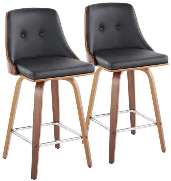 Gianna - Mid-Century Modern Fixed Height Counter Stool With Swivel And Round Footrest (Set of 2) - Black / Walnut