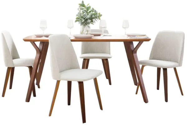 Folia Toriano - 5 Piece Mid-Century Modern Dining Set - Walnut / Beige