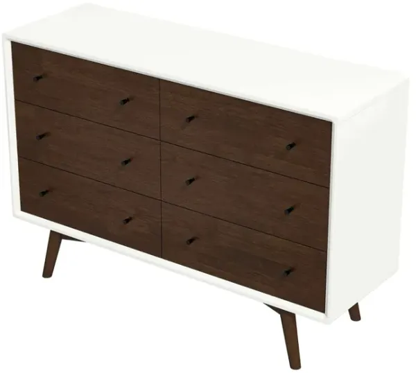 Mid-Century Modern White Dresser 6 Drawer - Dark Brown / White