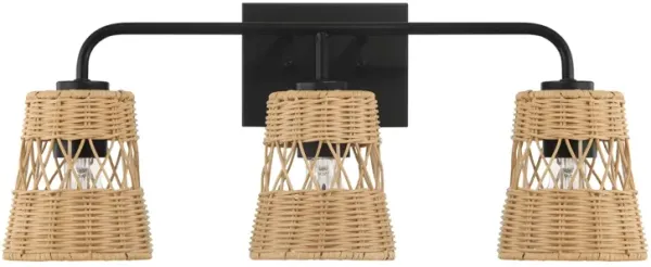 Moonlit - 3 Lights Wall Sconce With Shade, Bathroom Lighting Fixtures Over Mirror - Black / Rattan