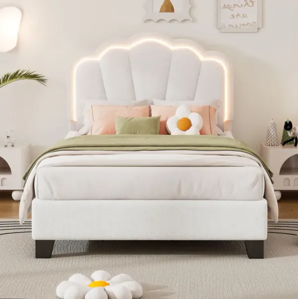 Upholstered Elegant Flowers Headboard With LED Light Strip, Platform Bed With Slats Support