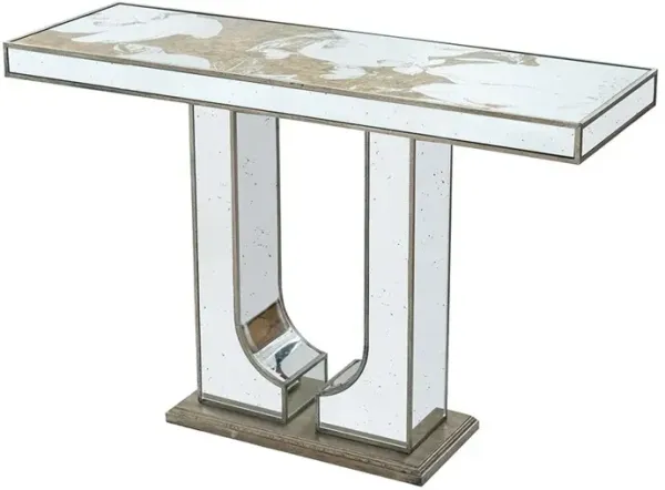 Rectangular Console Table With Elegant Floral Design And Mirrored - Silver Multi