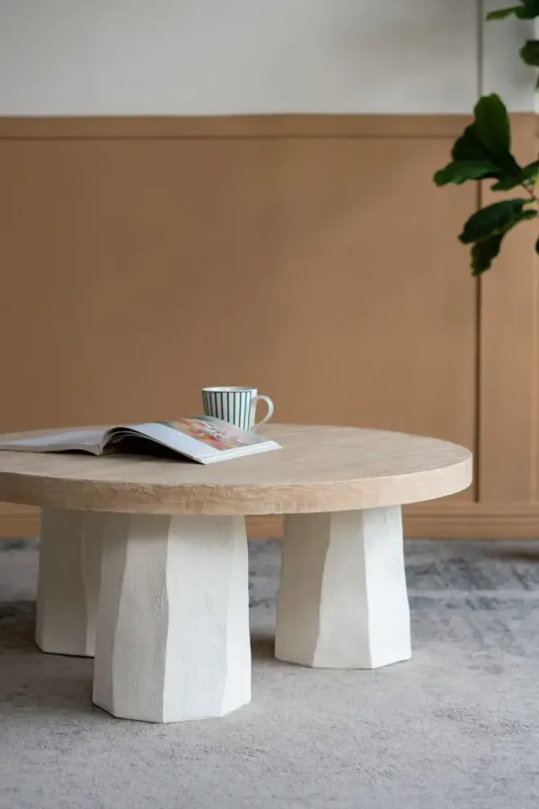 Decorative Coffee Table With Wooden Top And Magnesium Base - Brown White