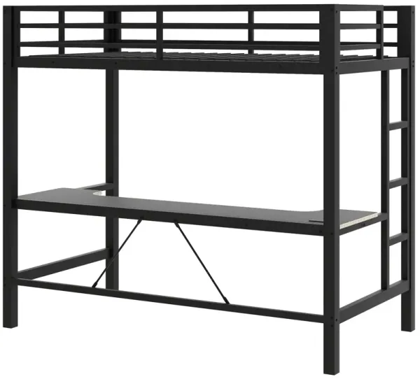 Twin Size Gaming Metal Loft Bed Frame With LED Light And Desk - Black