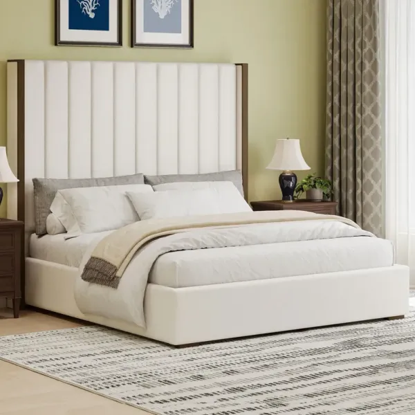Tall Headboard Upholstered Bed With Vertical Striped And Wingback Design, Box Spring Needed
