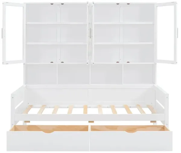 Daybed With Glass Door Storage Cabinets, Built In LED Lighting And Shelves