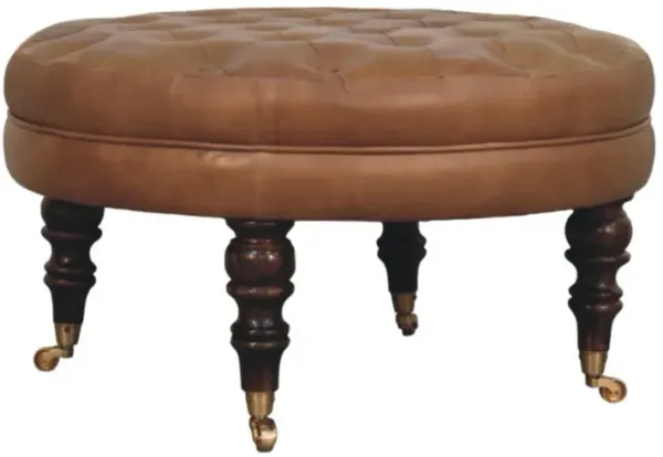 Buffalo - Leather Round Ottoman With Castor Legs - Brown