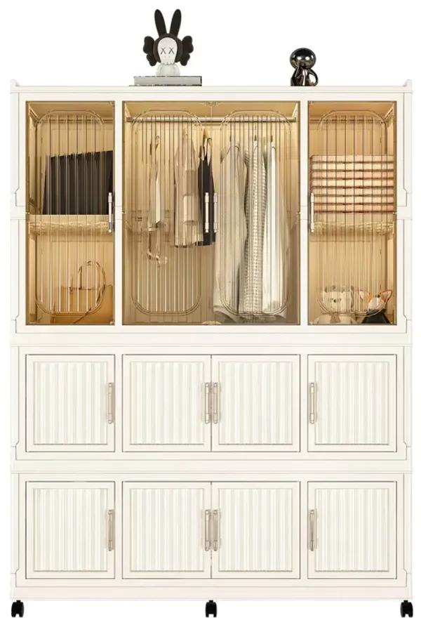 Portable Wardrobe Closet Storage Organizer With 12 Magnetic Doors, 12 Cubes & Hanging Rod - White