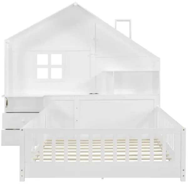 Full Size House Bed With Window And Bedside Drawers, Platform Bed With Shelves And A Set Of Sockets And USB Port - White