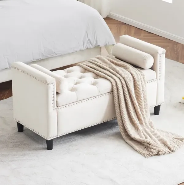 Queen Velvet Button Bedside Storage Bench With Armrests, Nailhead Trim
