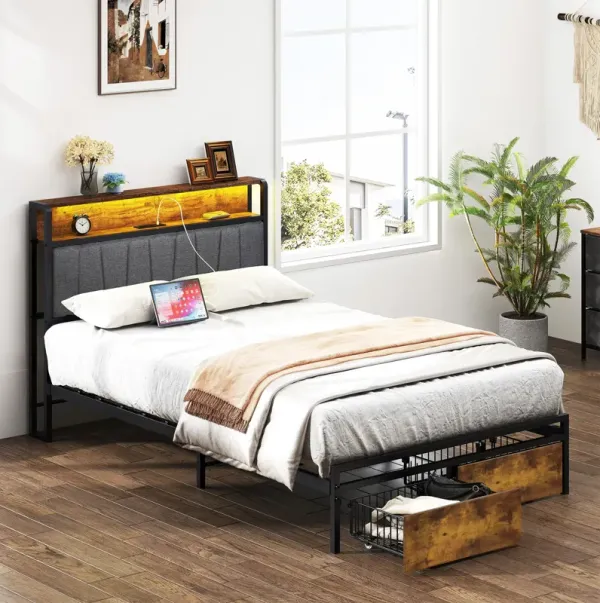 Upholstered Platform Bed Frame With Storage Drawers, USB Ports, LED Lights