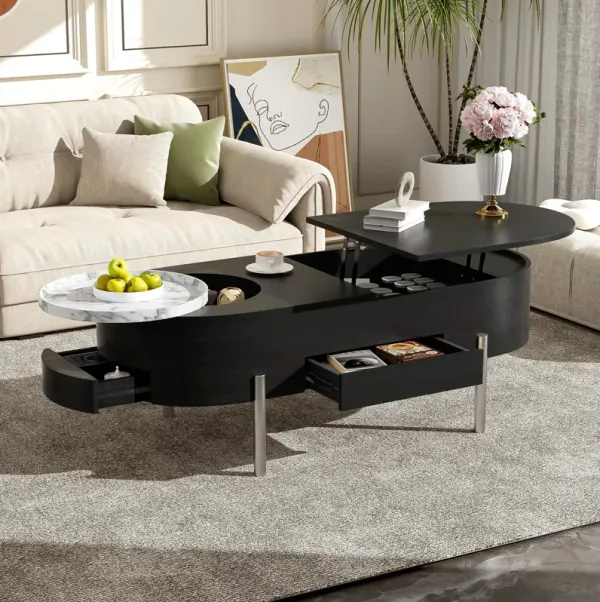 Lift Top Coffee Table With 360 Degree Marble Patterned Rotating Tray