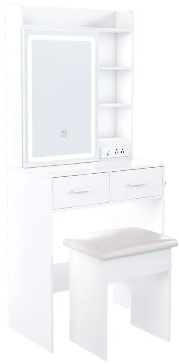 Space Saving Makeup Vanity Desk With Mirror & Adjustable Led Lights, Built-In Power Outlet, Hidden Storage, Includes Stool & Shelf - White