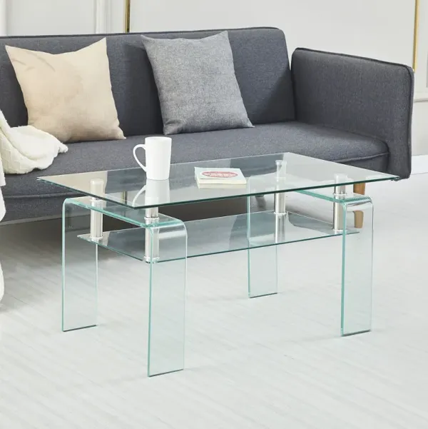 Modern Tempered Glass Coffee Table With 2 Tier Storage For Living Room