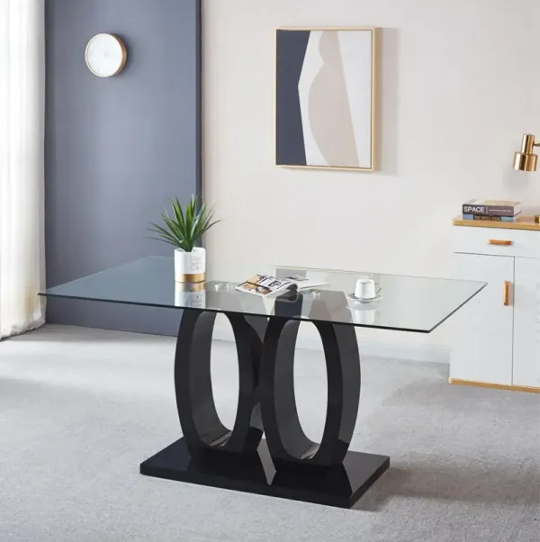 Contemporary Double Pedestal Dining Table, Tempered Glass Top