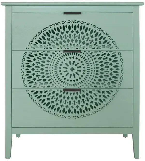 3 Drawer Storage Cabinet With Hollow Carved Design And Metal Handles, Chest For Entryway, Living Room Or Bedroom - Light Green