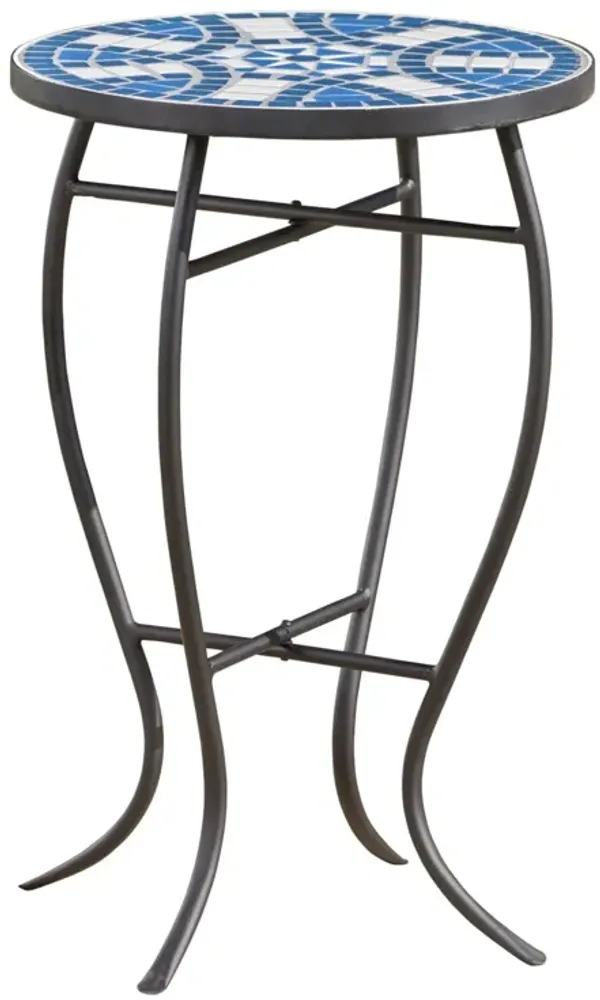 Outdoor Round Side Table With Mosaic Style Top And Curved Iron Legs - Blue / Matte Black