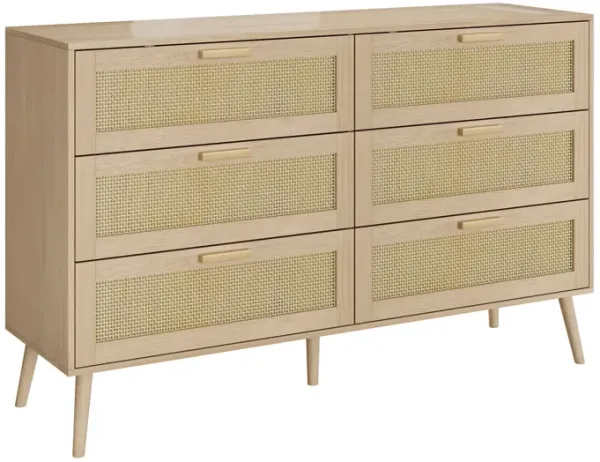 Rattan 6 Drawers Chest Of Dressers For Bedroom, Modern 6 Drawer Dresser, Wide Chest Of Drawers With Wood Handles, Rattan Dresser Storage Cabinet For Living Room, Bedroom, Hallway - Natural Wood / Oak