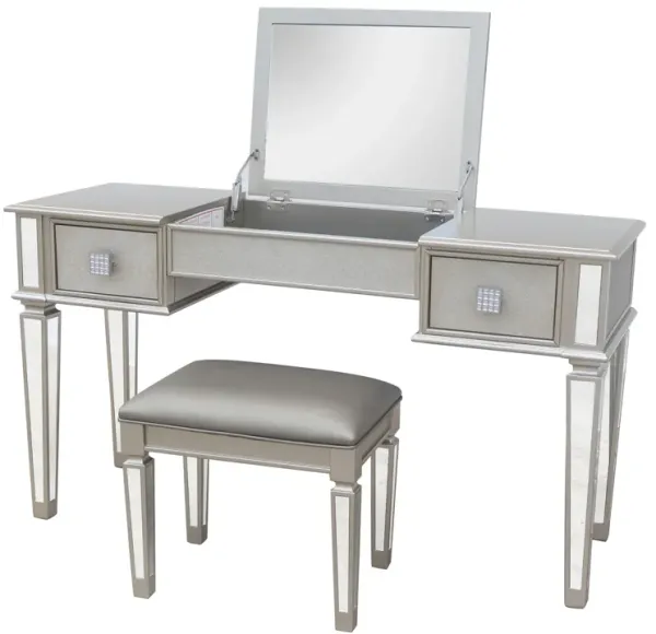 Mirrored Vanity Desk With Drawers And Stool, Flip Up Dressing Table Set For Makeup Room