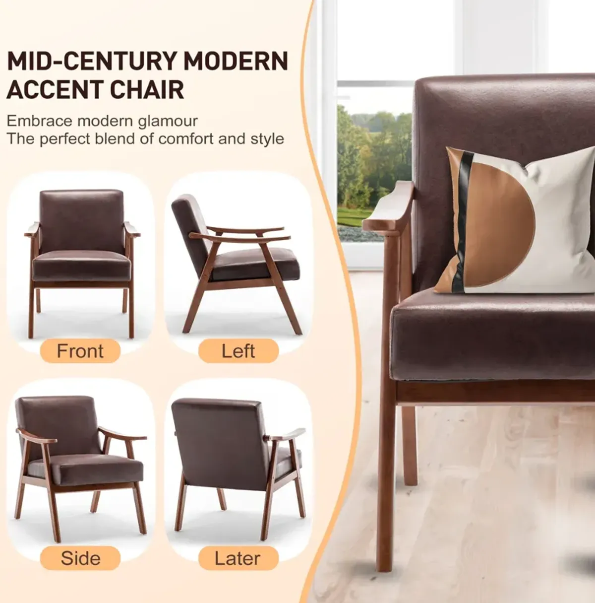 Mid Century Modern Accent Chair With Solid Wood Frame And Extra Thick Backrest