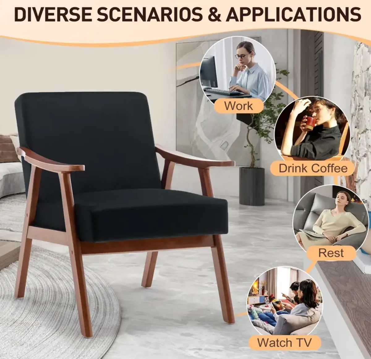 Mid Century Modern Accent Chair With Solid Wood Frame And Extra Thick Backrest