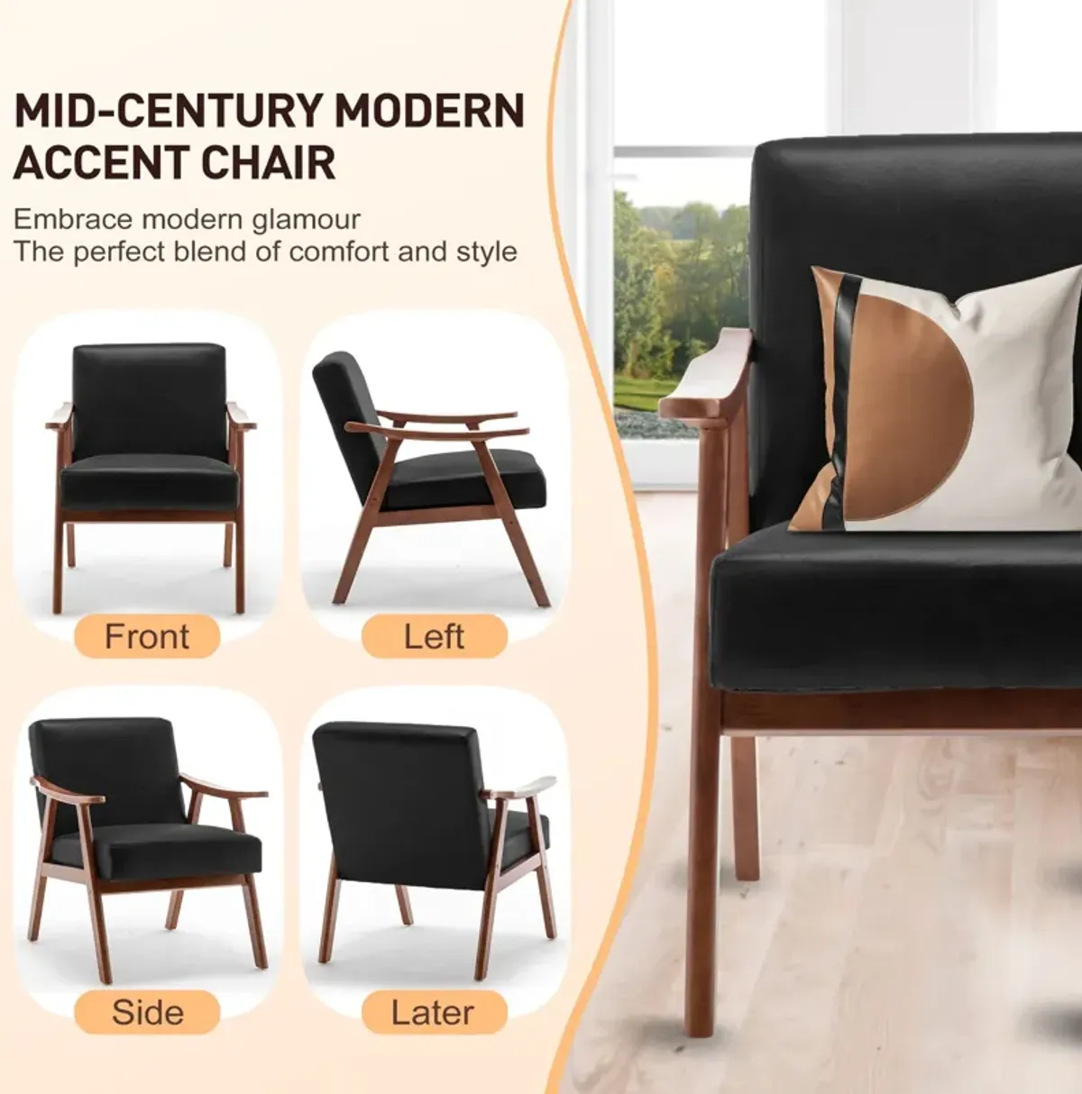 Mid Century Modern Accent Chair With Solid Wood Frame And Extra Thick Backrest