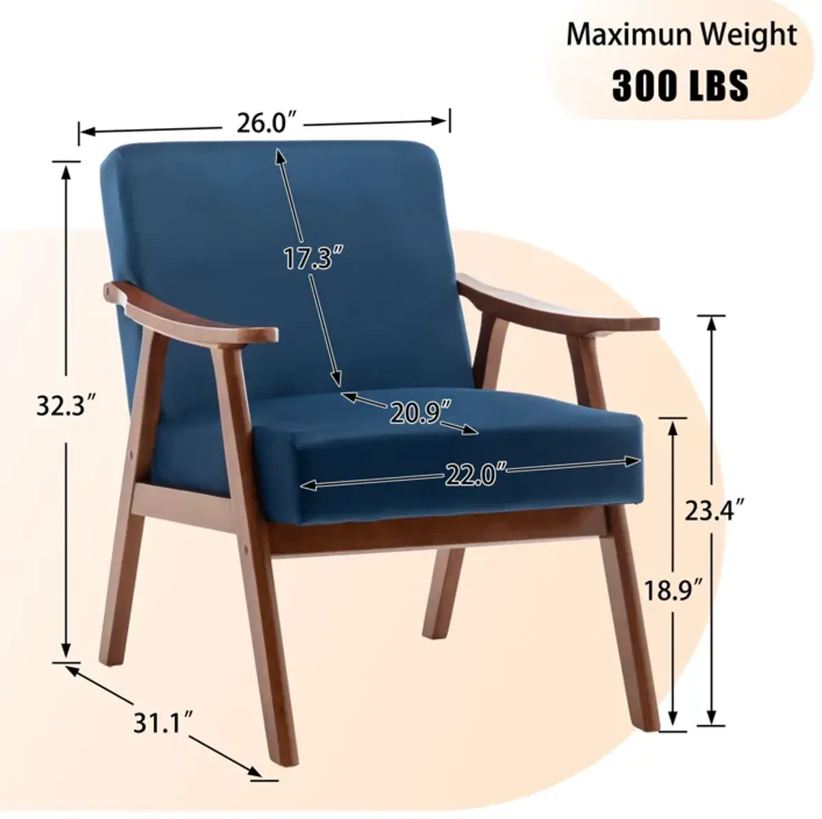 Mid Century Modern Accent Chair With Solid Wood Frame And Extra Thick Backrest