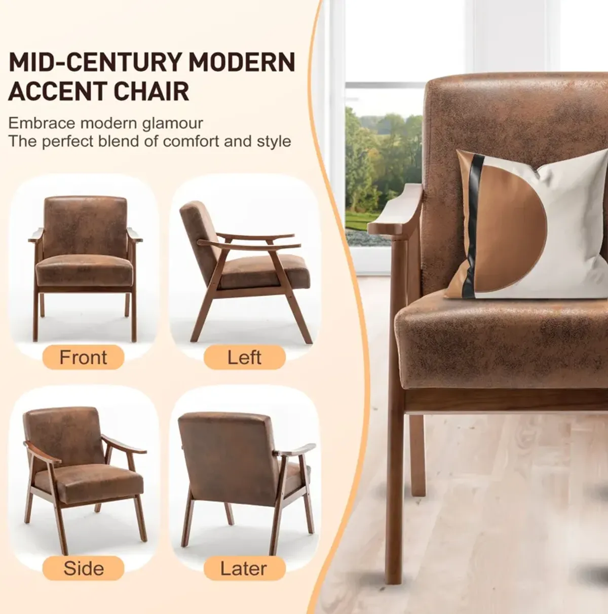 Mid Century Modern Accent Chair With Solid Wood Frame And Extra Thick Backrest