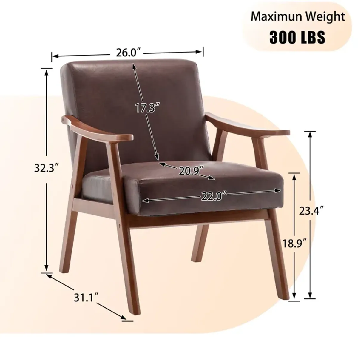 Mid Century Modern Accent Chair With Solid Wood Frame And Extra Thick Backrest
