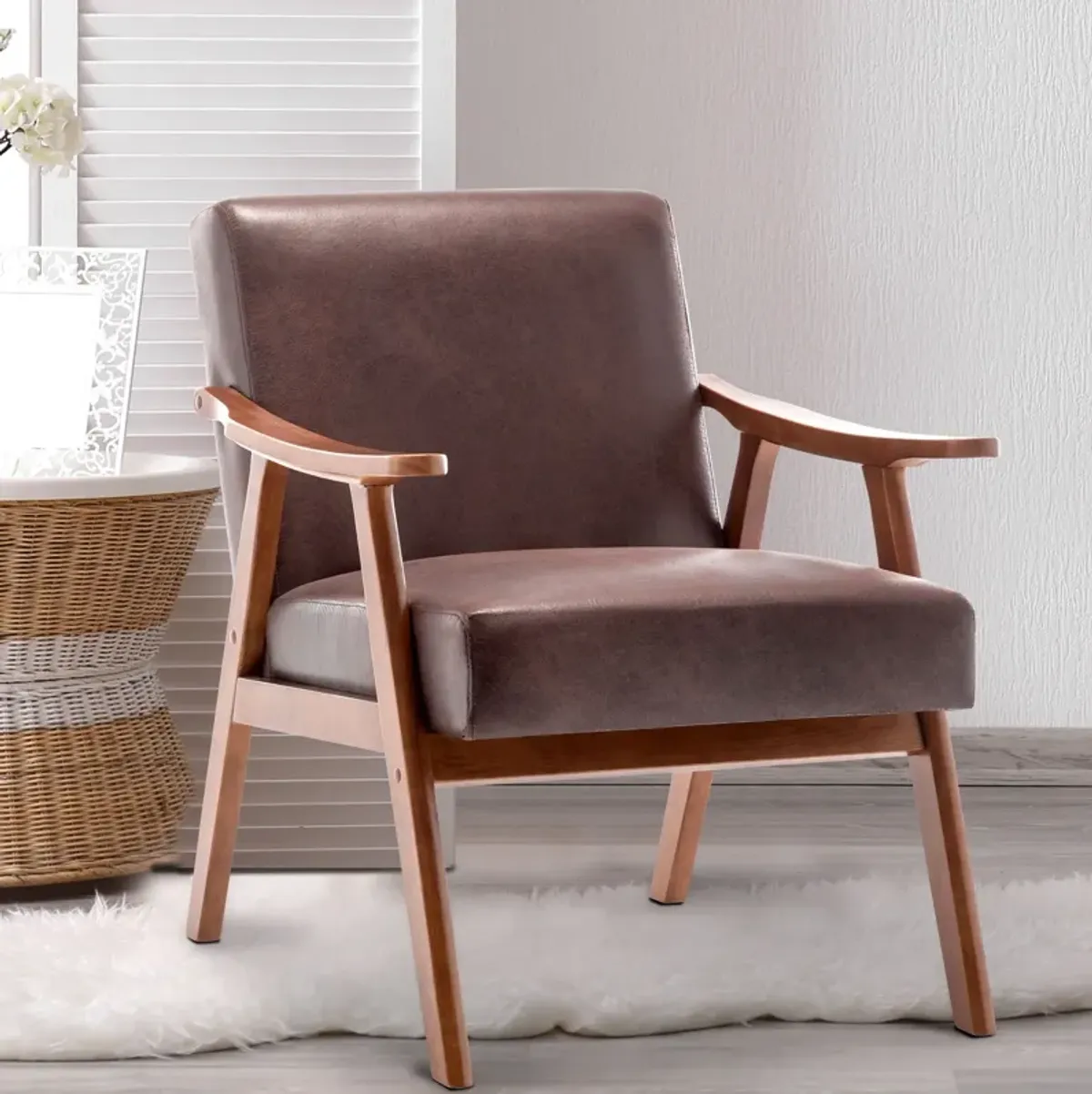 Mid Century Modern Accent Chair With Solid Wood Frame And Extra Thick Backrest