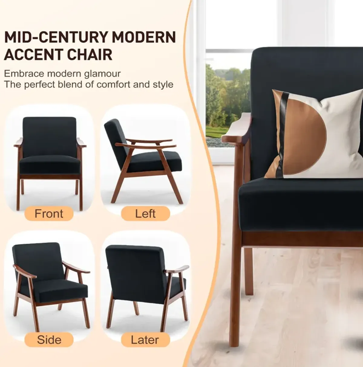 Mid Century Modern Accent Chair With Solid Wood Frame And Extra Thick Backrest