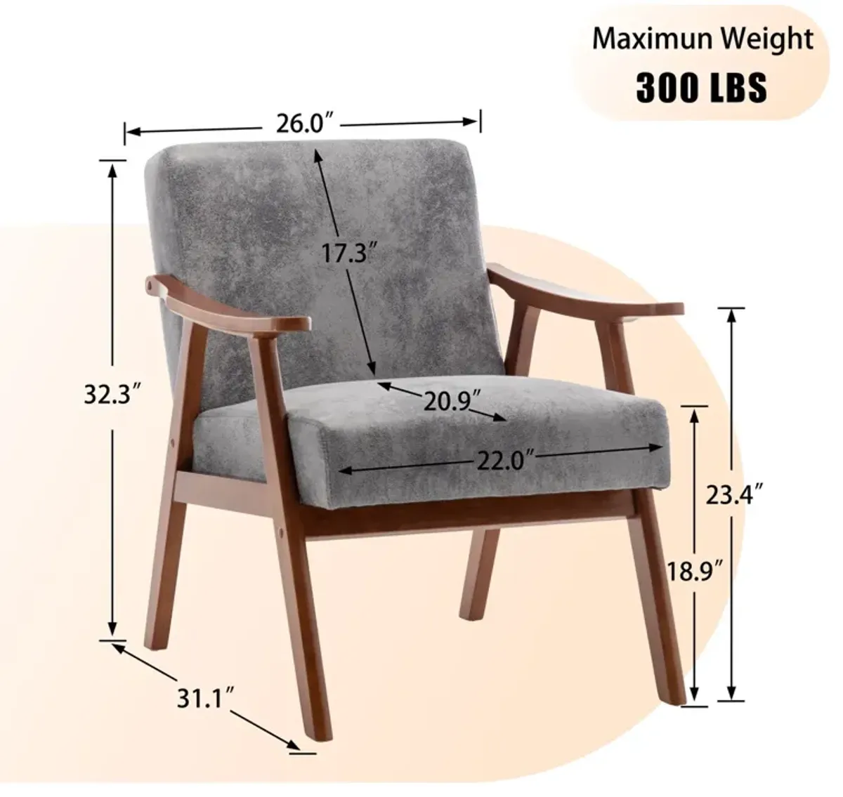 Mid Century Modern Accent Chair With Solid Wood Frame And Extra Thick Backrest
