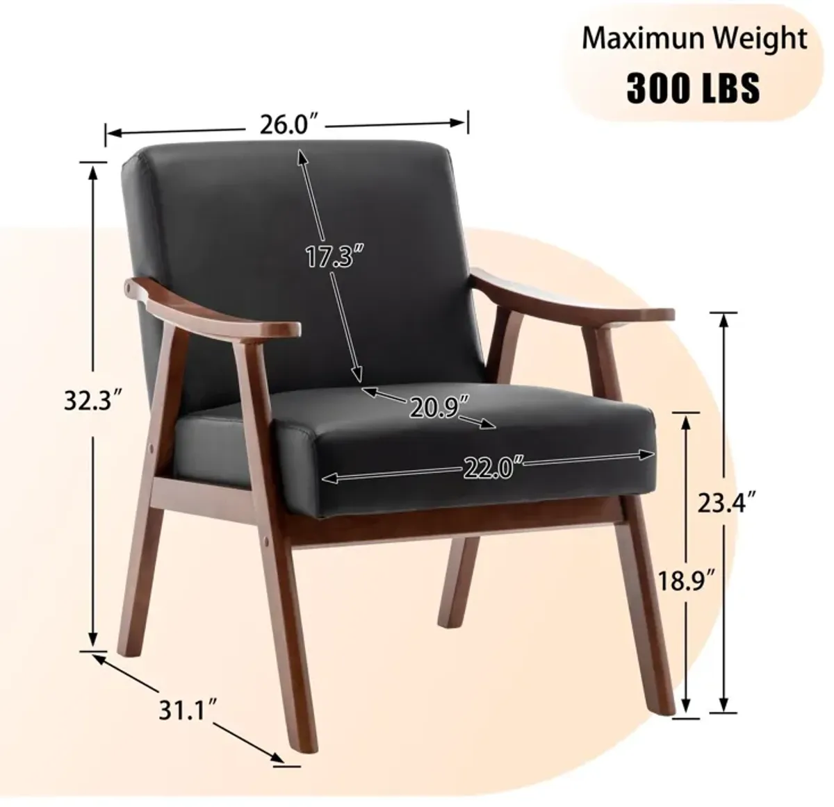 Mid Century Modern Accent Chair With Solid Wood Frame And Extra Thick Backrest