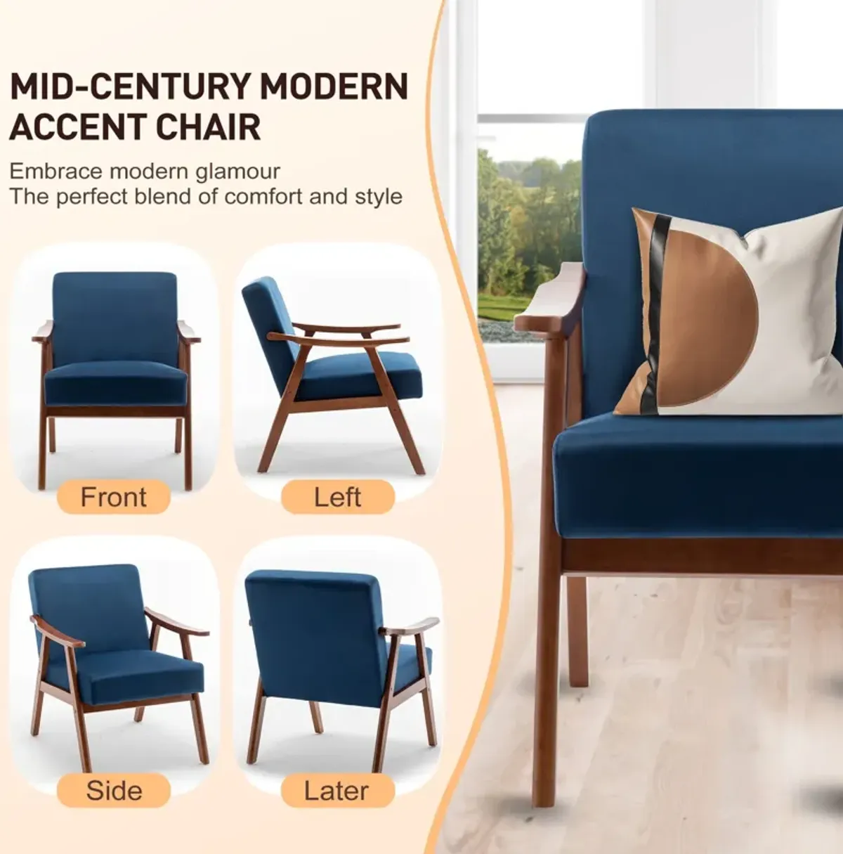 Mid Century Modern Accent Chair With Solid Wood Frame And Extra Thick Backrest